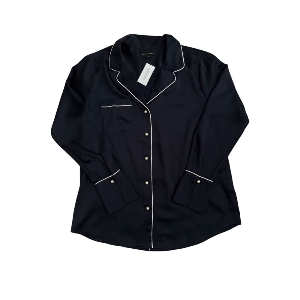 Banana Republic Satin Black Button-Up Shirt with White Piping